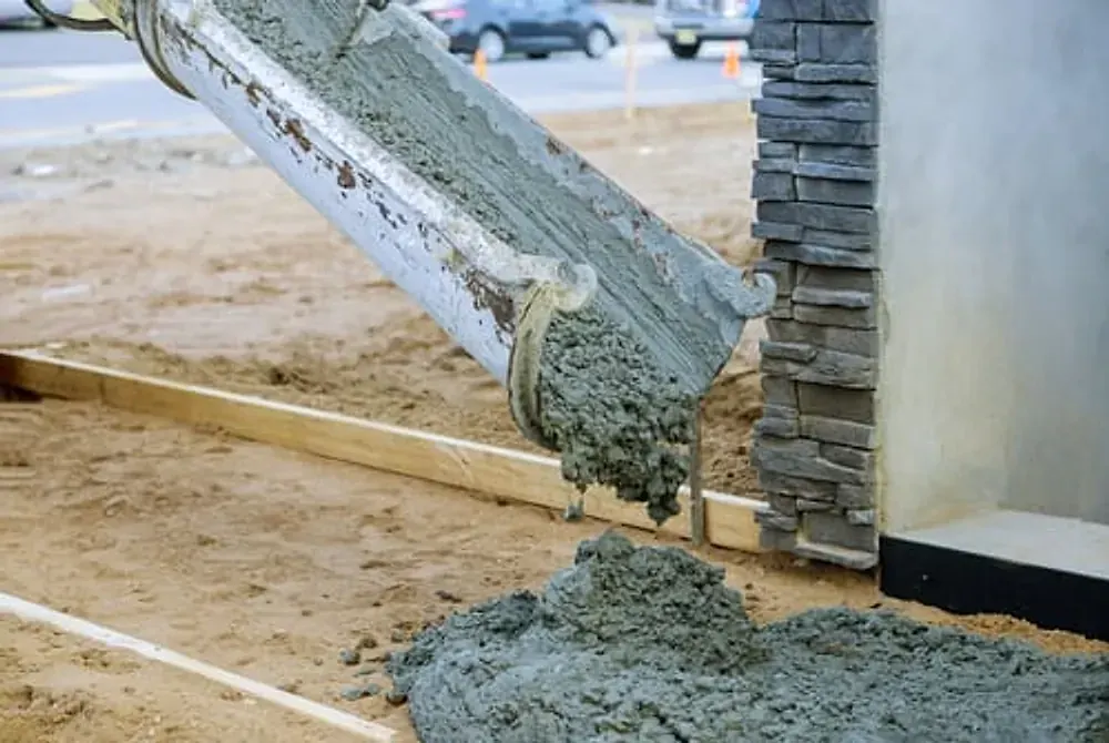 Fresh concrete being poured into a formed slab at a residential project in Vacaville, CA