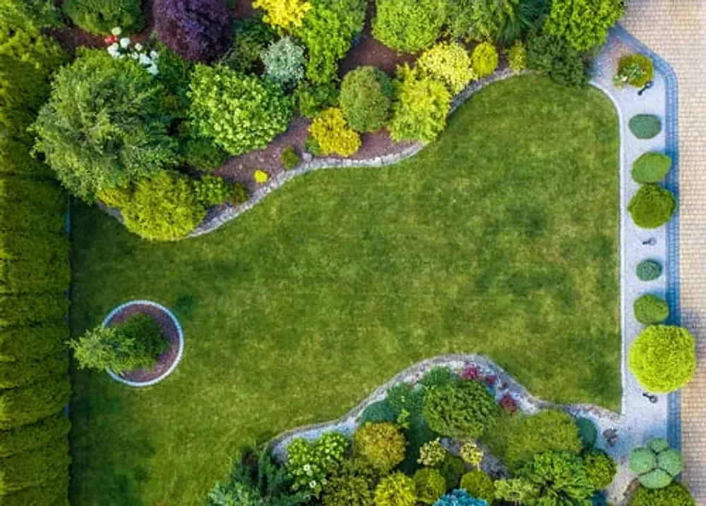 Aerial view of a professionally landscaped back garden with lawn and planted borders in Solano County, CA